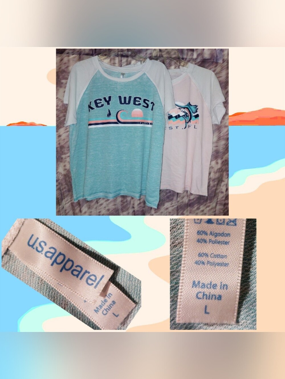 2Pc Bundle U.S. Apparel Mint/Pink/Multiclr Key West, FL Colorblock Raglan Tees L